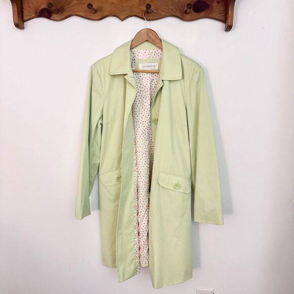 VTG Y2K Mint Green Floral-Button Down Collared Heavy Trench Rain Coat Spring - Picture 2 of 5